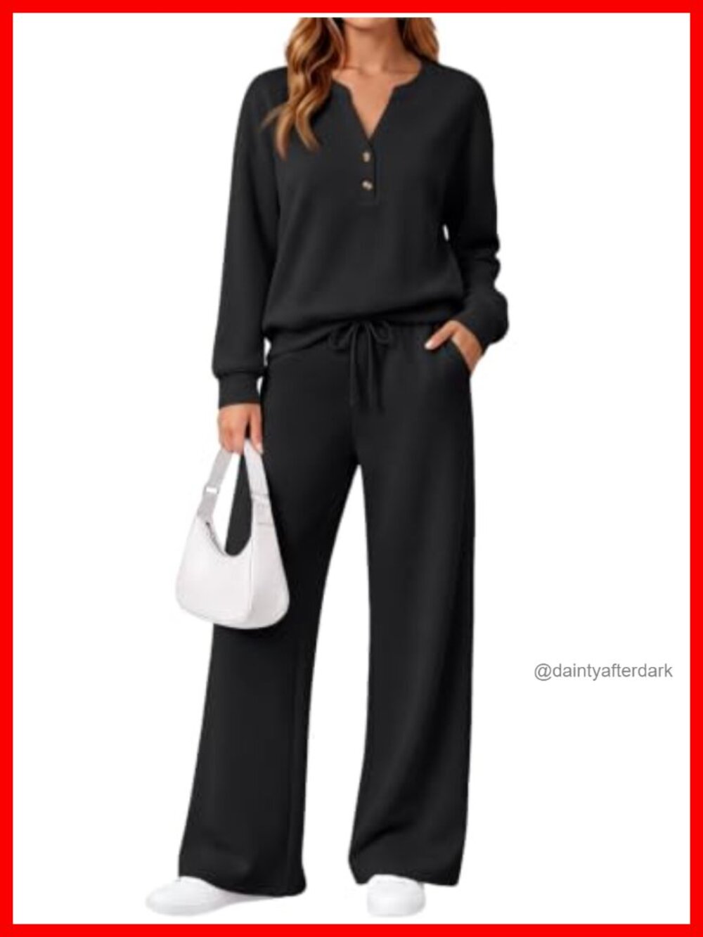 Modal Blend 2 Piece Lounge Set Henley Top Wide Leg Pants Sweatsuit